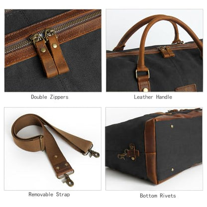 Duffle Bag for Men Travel Leather Canvas Weekender Bag Overnight Bag with Toiletry Bag (Black) - color: Black
