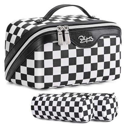 BOYATU Travel Makeup Bag Cosmetic Bags for Women: 3-Piece Makeup Bag Set - color: A-911-Checkered Mix Black