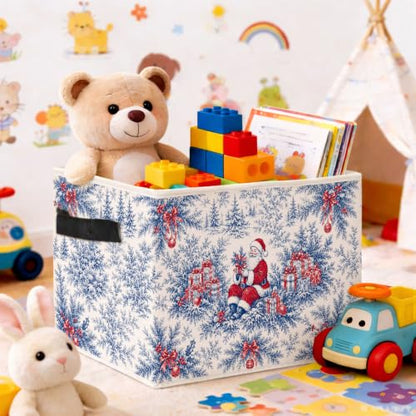 Blue Santa Toile Storage Bin, Christmas Organizer - color: Blue Santa Christmas