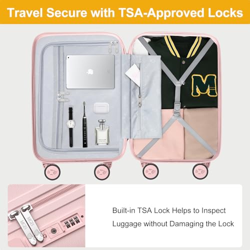 MGB Carry On Luggage 22x14x9 Airline Approved, Lightweight PC Hardside Suitcase with 360° Spinner Wheels & TSA Lock, Scratch Resistant for Travel & Business - Pink - color: Light Pink, size: 20 Inch