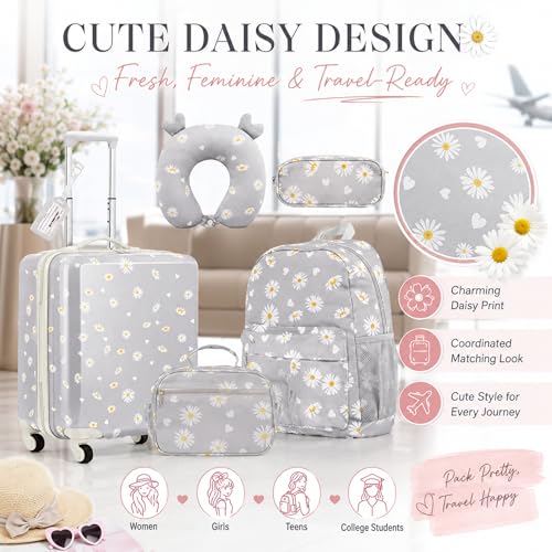 Redbaker 6 Pcs Kids Luggage Set for Girls Grey 17 Inch Daisy - color: Grey, size: 17 Inch