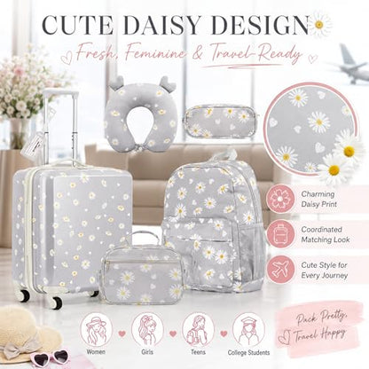 Redbaker 6 Pcs Kids Luggage Set for Girls Grey 17 Inch Daisy - color: Grey, size: 17 Inch