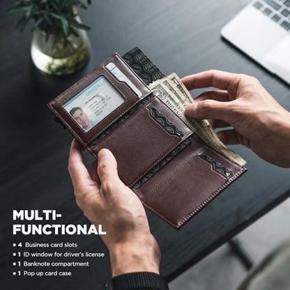 VULKIT Pop up Card Wallet Minimalist Cash Wallets RFID Blocking Leather Smart Credit Card Holder with ID window for Men - color: Top-Grain Cowhide Epresso