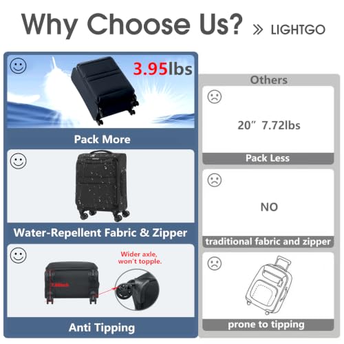 LIGHTGO 20" Carry On Softside Luggage, Ultra Light, TSA Lock Black - color: Black, size: 20in