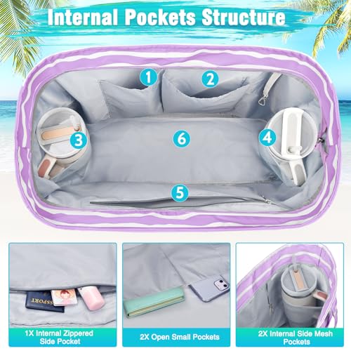 HUANLANG Extra Large Beach Bag Waterproof Beach Totes Bags for Women Men,Pool Bag with Zipper Wet Pocket - color: Purple White