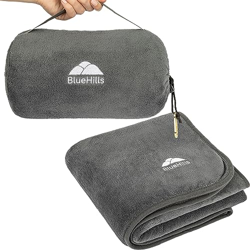 BlueHills Premium Soft Rolled Travel Blanket Airplane Plush Throw - Gray | 70X48 Large Plane Pillow/Blanket, Luggage Strap, Soft Case, Must Have Airplane Essential, Long Flights, Portable, Lightweight - color: R01-gray