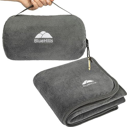 BlueHills Premium Soft Rolled Travel Blanket Airplane Plush Throw - Gray | 70X48 Large Plane Pillow/Blanket, Luggage Strap, Soft Case, Must Have Airplane Essential, Long Flights, Portable, Lightweight - color: R01-gray