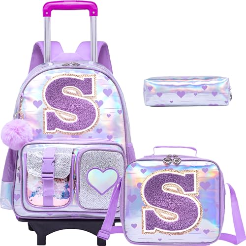 HTgroce Cute Rolling Backpack with Wheel,School Backpack for Kids Girl Roller Schoolbag Wheeled Backpacks Set Carry-on Luggage,Purple S - color: Purple, style: S
