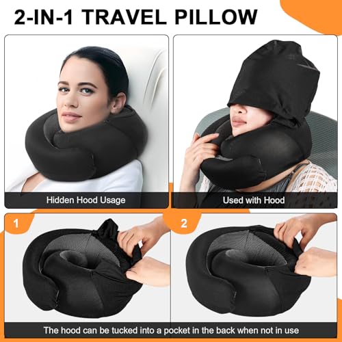 Travel Pillow and Blanket Set for Airplane, Hooded Memory Foam Neck Pillow - color: Pink