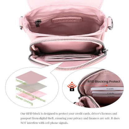 HESHE Small Leather Crossbody Bag for Women RFID Phone Purse with Card Slot - color: Light Pink