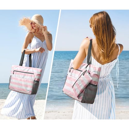 G4Free Beach Bag, Waterproof Sandproof Large Capacity Foldable for Women - color: Pink White, size: 35L