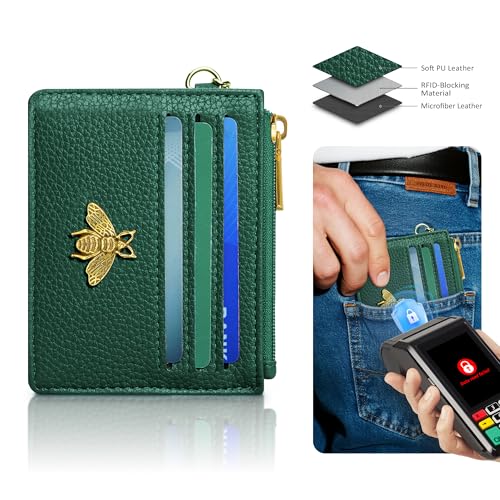 SEAVILIA Credit Card Holder Small Keychain Wallet for Women RFID Blocking - color: Litchi Green