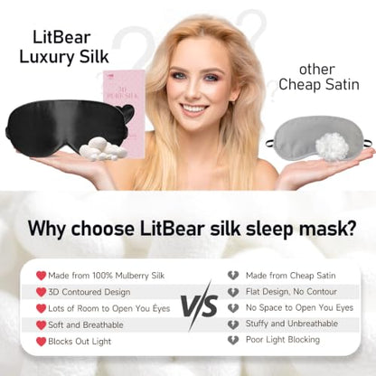 LitBear 100% 22 Momme Mulberry Silk Sleep Mask - 3D Contoured, Black - color: Black
