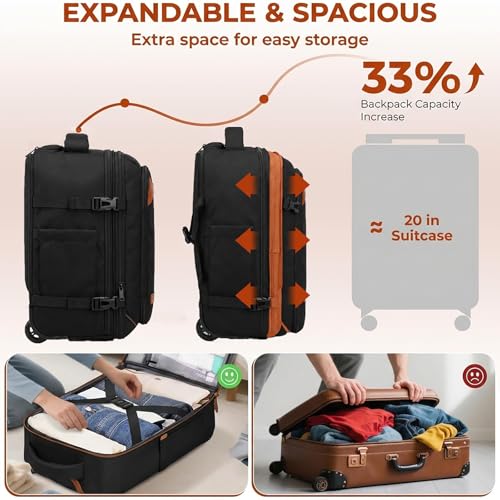 Vancropak Travel Backpack with Wheels, Rolling Backpack Fits 17.3" Laptop - color: Black Brown