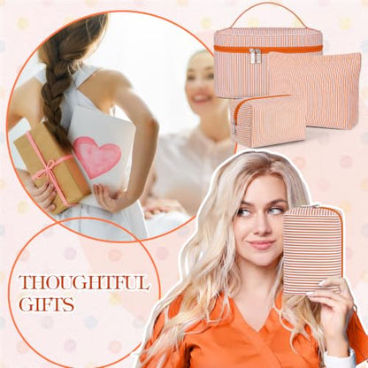 Huhumy 3Pieces Cute Seersucker Makeup Bag Set for Women, Orange, Stripe - color: Orange, style: Stripe