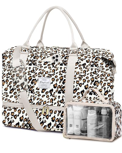 Travel Weekender Duffle Bag for Women: Overnight Bags with Shoe Compartment - color: Leopard Print, size: Large