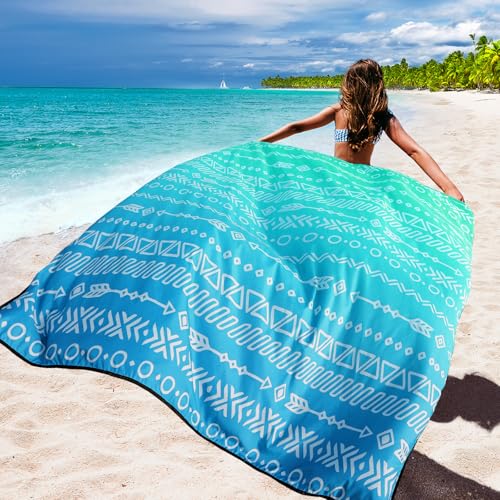 WIWIGO Beach Blanket Mat Waterproof Sandproof for 2-8 Adults Quick Drying - color: Blue Geometric Tribe, size: 79" X 83"（1-4person）