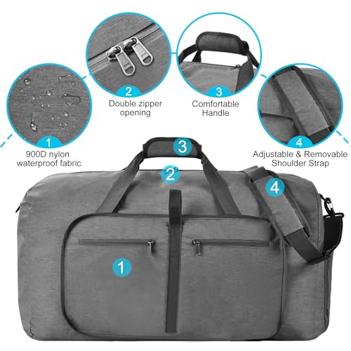 Felipe Varela Foldable Duffle Bag for Travel Weekend Overnight Gym Camping - color: C Gray, size: 40L