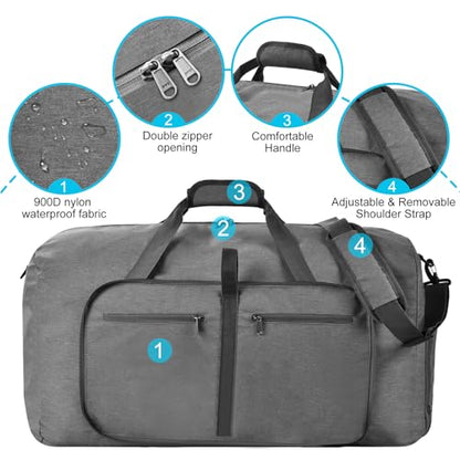 Felipe Varela Foldable Duffle Bag for Travel Weekend Overnight Gym Camping - color: C Gray, size: 40L