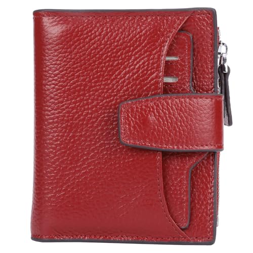 Women's RFID Blocking Leather Small Compact Bi-fold Zipper Pocket Wallet Card Case Purse with id Window - color: Lichee Wine