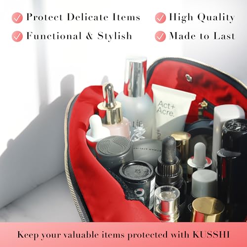 KUSSHI Washable Travel Makeup & Cosmetic Bag - Brush Organizer Sold Separately (Vacationer, Satin Black/Red) - color: Satin Black/Red, size: Vacationer (Large) Bag