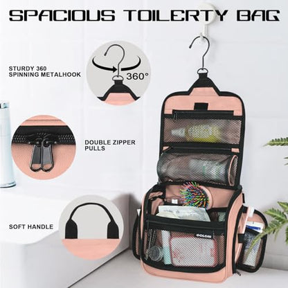 Goloni Hanging Toiletry Bag, 10 Compartments Water-Resistant Makeup Bag with 360° Spinning Metal Hook, Large Travel Cosmetic Organizer for Men & Women, Pink (7.05oz) - color: Pink