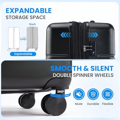 Simple Deluxe 3-Piece Luggage Sets, Suitcase with Double Spinner Wheels & TSA Lock, Hard Shell Suitcase, Expandable Rolling Lightweight Luggage, Black - color: Black, size: 3-Piece Set (20/24/28)
