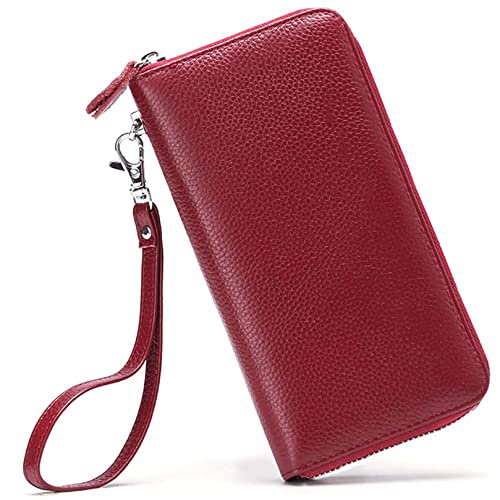 Moflycom Womens Wallet RFID Blocking Genuine Leather Zip Clutch Wristlet - color: Deep Red