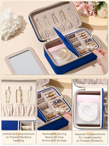 Velvet Travel Jewelry Organizer Case with Large Mirror for Women - color: Navy Blue