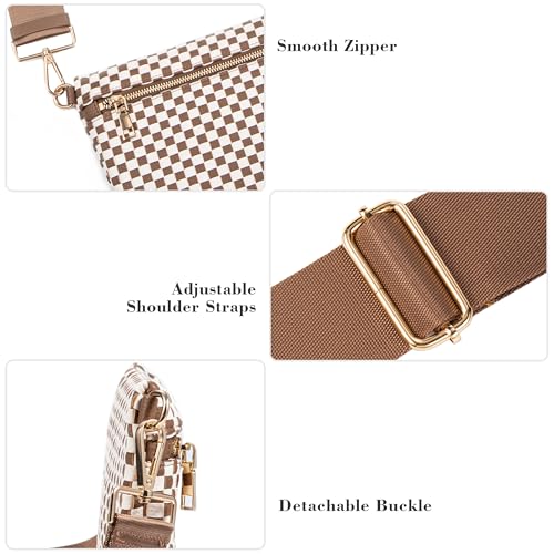Woven Crossbody Bag for Women, Checkered PU Bum Bag Sling Purse with Adjustable Strap for Travel, Festivals - color: Brown and White Checkered Woven