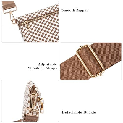 Woven Crossbody Bag for Women, Checkered PU Bum Bag Sling Purse with Adjustable Strap for Travel, Festivals - color: Brown and White Checkered Woven