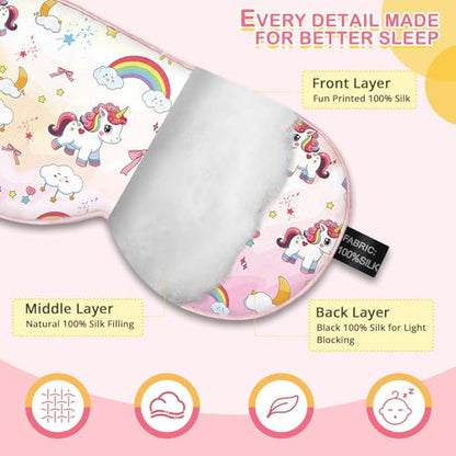 Kids Silk Sleep Mask, 100% Mulberry Silk Eye Mask with Adjustable Strap - color: Pink Horse Style