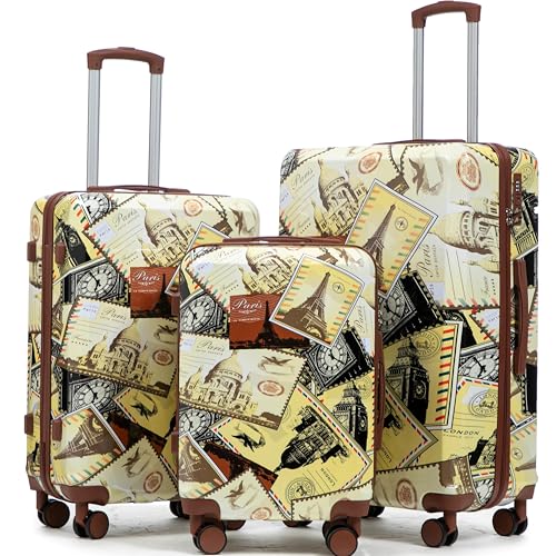 Hardside Luggage Sets, Lightweight Stripes Suitcase with Spinner Wheels, Coffee-PC - color: Coffee-PC, size: 20/24/28 Inch