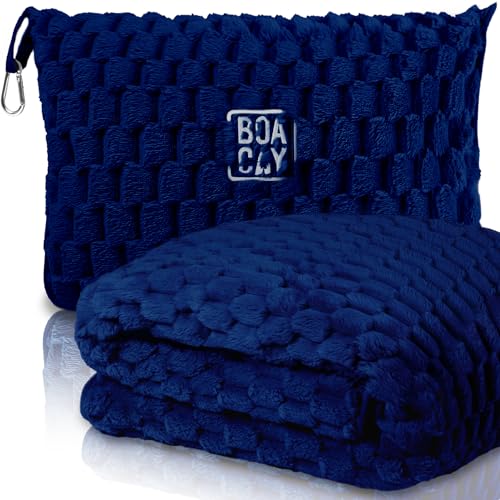 BOACAY Packable Travel Blanket for Airplane, Car - Compact Office Blanket - Portable Pillow for Adults, Kids with Case, Luggage Sleeve, Backpack Clip - color: Navy Blue
