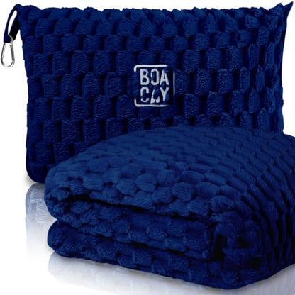 BOACAY Packable Travel Blanket for Airplane, Car - Compact Office Blanket - Portable Pillow for Adults, Kids with Case, Luggage Sleeve, Backpack Clip - color: Navy Blue