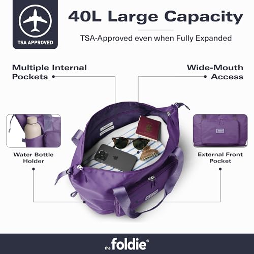 The Foldie Foldable Travel Bag for Women - 40L Weekender Bag with Multiple Pockets - Carry On Expendable Travel Bag - color: Purple