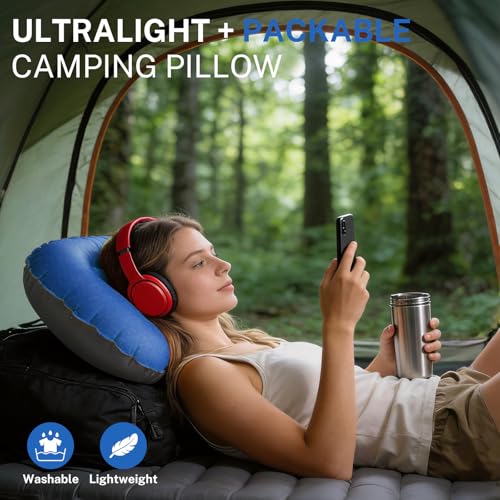 Camping Pillow-Compressible, Ultralight Inflatable,Compact, Comfortable, Ergonomic Inflating Pillows for Neck & Lumbar Support While Camp, Hiking(Navy Blue,with Anti Slip Straps) - color: Navy Blue