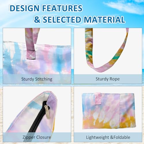 Large Beach Bag Waterproof Sandproof Beach Bags for Women Pool Tote Bags with Zipper Summer Swim Bag Foldable - color: Tie Dye