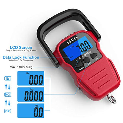 HEETA Fish Scale Digital Fishing Luggage Weight Scale with Measuring Tape - color: Red