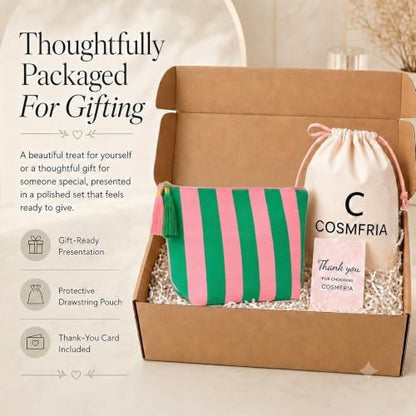 Cosmetic Bag for Women, Pink and Green Stripe Canvas Makeup Bag, Travel Toiletry Organizer - color: Pink and Green Stripe