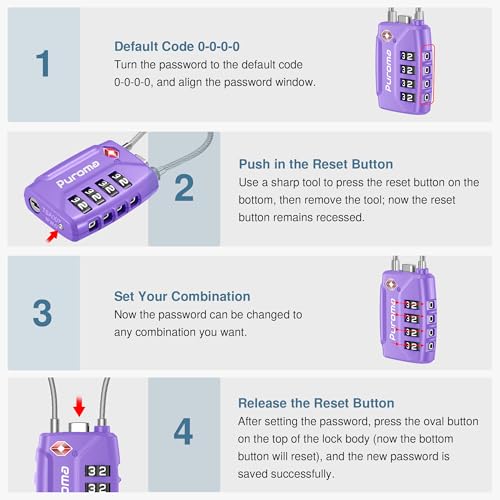 Puroma 2 TSA Approved Luggage Locks 4 Digit Code Cable Lock Basic Purple | Resettable, Flexible Cable, Zipper holes, Zinc Alloy, Bright Color, Large White Numbers, Suitcase Train Travel, laptop bag - color: Basic Purple