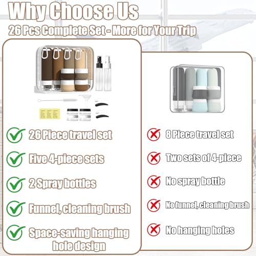 Travel Toiletry Containers 26Pcs Silicone Leakproof TSA Approved Set - color: Brown