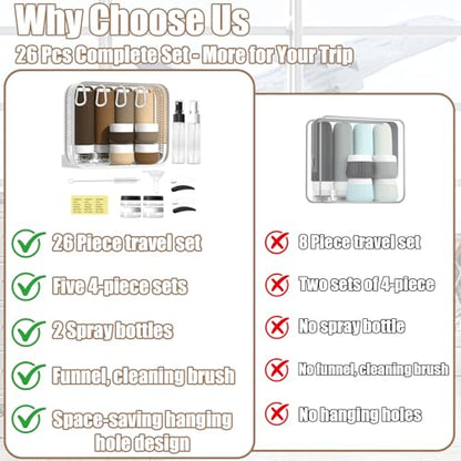 Travel Toiletry Containers 26Pcs Silicone Leakproof TSA Approved Set - color: Brown
