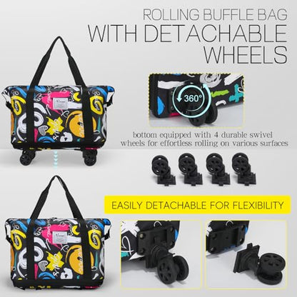 Duffel Bag with Wheels - Rolling Foldable Expandable Duffle Bag with Wheels for Travel, Rolling Luggage Carry On Bag with Wheels, Large Rolling Backpack Weekend Bags for Men Women (Black) - color: Graffiti