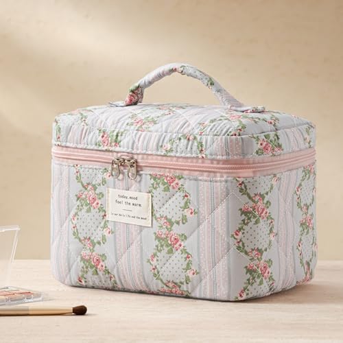 HBselect Quilted Makeup Bag, 3Pcs Cotton Large Travel Makeup Bags Organizer - color: A-3PCS-Floral 51
