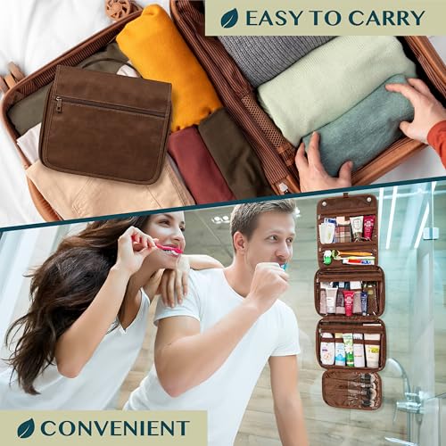 PAVILIA Hanging Toiletry Bag for Women Men, Travel Organizer, Dark Brown - color: Dark Brown
