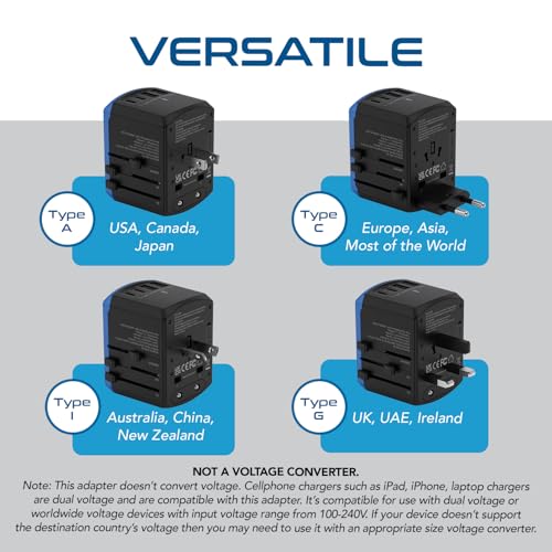 Ceptics 5 in 1 Universal Travel Adapter, 2 USB-A + 2 USB-C, 4 Plug Outputs - color: Blue