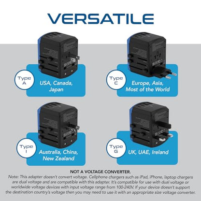 Ceptics 5 in 1 Universal Travel Adapter, 2 USB-A + 2 USB-C, 4 Plug Outputs - color: Blue