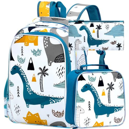 CCJPX 3Pcs Backpack for Boys, 16 Inch Preschool Elementary Kindergarten School Backpacks and Lunch Box - color: Aa2-white Dinosaur