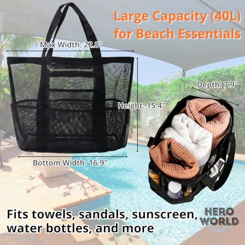 Mesh Beach Tote Bag Large Capacity Pool Gym Laundry Tote Foldable with Pockets Lightweight Travel Bag - color: Sand Beige